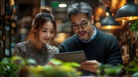 Asian woman and middle-aged man with glasses looking at digital tablet in cozy cafe with warm lighting and plants in foreground.