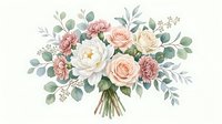 Watercolor floral bouquet with roses, peonies, and carnations in soft pink and cream tones, eucalyptus greenery, isolated on white background.