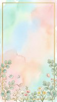 Watercolor gradient background with soft pastel colors transitioning from mint green to blush pink, featuring delicate botanical elements and small birds along bottom border, isolated on white with gold frame for design projects.
