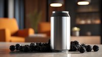 Blank aluminum beverage can mockup with fresh blackberries on wooden table in modern cafe interior with orange furniture.