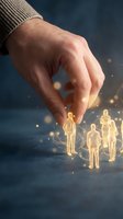 Hand selecting glowing golden human figures representing recruitment, hiring, team building, and talent acquisition for business and corporate concepts.