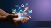 Business growth concept with hands holding holographic data analytics icons charts graphs and upward arrows on dark gradient background.