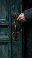 Female hand reaching for antique brass door handle on weathered dark green wooden door, creating mysterious and atmospheric mood for book covers and storytelling.