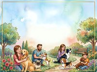 Happy family enjoying outdoor picnic with dogs in watercolor park setting with flowers and trees for lifestyle content.