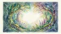 Enchanted forest frame with mystical trees, ferns and flowers creating magical oval portal with glowing center light for fairy tale designs and fantasy artwork.