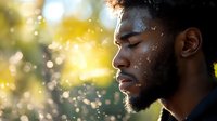 Young African American man in profile against sunlit bokeh background with water drops creating magical atmospheric effect and peaceful expression.