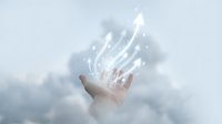 Hand reaching toward sky with glowing digital network connections and data streams against cloudy background for technology and innovation concepts.