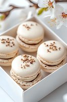 White macarons with gold sprinkles in elegant gift box, decorated with spring cherry blossoms. Delicate French pastries with creamy filling and metallic details.