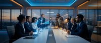 Diverse business team in modern conference room with holographic data displays during evening meeting overlooking city skyline through floor-to-ceiling windows.
