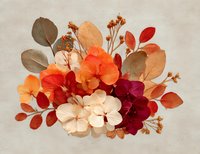 Pressed dried flowers arrangement in warm autumn colors with hydrangea blooms, eucalyptus leaves and small delicate florals on neutral beige background.