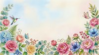 Watercolor floral border with roses, peonies, and wildflowers, hummingbird and butterfly, soft pastel sky background with copy space.