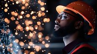 African American male construction worker in hard hat and safety glasses gazes upward amid dramatic welding sparks and bokeh lights creating atmospheric industrial scene.