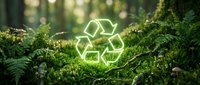 Glowing neon recycling symbol surrounded by lush green moss and ferns in forest setting, representing environmental sustainability and eco-friendly practices.