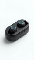 Pair of black wireless earbuds with cyan touch controls and charging case on white background, ready for product design, marketing, and technology presentations.