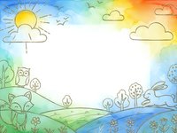 Hand-drawn nature frame with sun, clouds, trees, animals and rainbow colors on white background for children's content, educational materials and eco designs.