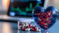 Glass heart filled with red and white medical pills against blurred medical monitor screen showing vital signs, healthcare concept for cardiology treatment.