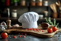White chef hat on rustic wooden cutting board with fresh tomatoes, red currants, herbs, garlic, and cooking utensils against dark kitchen background.