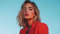 Young Caucasian woman with blonde hair wearing red blazer against blue sky background, dramatic lighting creates modern fashion portrait with bold red lipstick and confident pose.