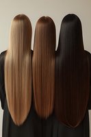 Three women with long straight hair in different shades - blonde, brown and black - standing back to camera showing hair length and texture against neutral background.