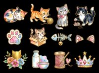 Cute cat sticker set isolated on transparent background, featuring kittens, paw, fish bone, crown, milk, thread, and floral elements, ready for clipart and print on demand.