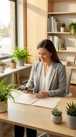 Woman in business casual attire working at wooden desk in bright office with plants, shelving, and natural light from window. Suitable for corporate, workspace, and professional themes.