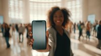 Young African American woman showing blank smartphone screen in crowded bright hall with blurred people in background.