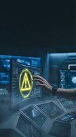 Cybersecurity expert touching glowing warning alert on futuristic holographic interface in dark control room for technology and security concepts.