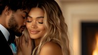 Intimate portrait of mixed race couple in romantic moment, woman with blonde wavy hair and man with beard sharing tender embrace near fireplace in warm lighting.