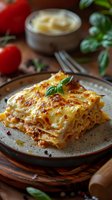 Classic lasagna with melted cheese and meat sauce layered between pasta sheets, garnished with fresh basil leaf on rustic plate, tomatoes and herbs in background.