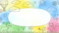 Colorful hand-drawn frame with cute animals, clouds, sun and hot air balloon on rainbow background. Copy space for text, children's design template.