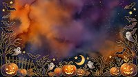 Halloween night sky background with spooky decorative border featuring jack-o-lanterns, ghosts, bats and autumn foliage for seasonal design projects.
