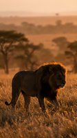 Male lion walking through golden savanna grassland at sunset, wildlife photography for nature and animal conservation themes.