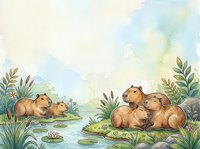 Watercolor capybaras resting by a peaceful pond with lush greenery, lily pads, and cattails in soft pastel tones.