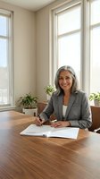 Confident mature businesswoman with gray hair signing documents at wooden desk in bright office with plants for professional corporate meetings.
