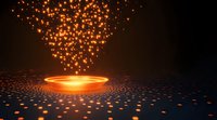Magical glowing orange portal with rising light particles against dark background, creating mystical atmosphere and futuristic energy effect.
