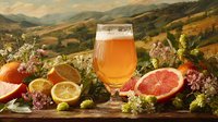 Golden craft beer in tulip glass with citrus fruits and wildflowers against rolling countryside hills landscape. Summer refreshment.