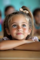Young Caucasian girl with bright blue eyes and blonde hair wearing hair bow smiles dreamily while resting chin on folded arms, soft focus portrait against turquoise background.