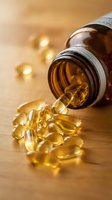 Amber glass bottle spilling golden vitamin capsules on wooden surface. Health supplement pills for wellness and nutrition support.