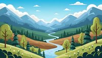 Scenic mountain valley landscape with winding river, rolling hills, pine forests and blue sky with white clouds. Nature illustration for outdoor adventure.