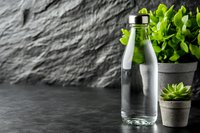 Glass water bottle with green plants on dark slate surface against textured stone wall background for healthy lifestyle and eco-friendly living concepts.