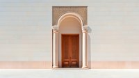 Elegant arched doorway with ornate Islamic geometric pattern above wooden double doors, featuring classical columns and soft beige facade. Perfect for architecture design.