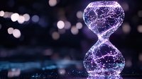 Glowing purple hourglass made of connected dots and lines against dark background with bokeh lights, representing time, technology and digital transformation.