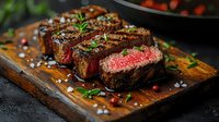 Juicy medium-rare beef steak sliced on wooden board with sea salt and fresh herbs, showcasing perfect sear marks and pink center.