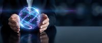 Businessman hands protecting glowing digital sphere with network connections and data streams for technology and innovation concepts.