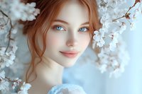 Young redhead woman with blue eyes among white cherry blossoms in spring garden. Natural beauty portrait with soft lighting for wellness and skincare concepts.