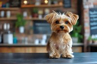 Adorable Yorkshire Terrier puppy standing on dark table in cozy kitchen interior with blurred background. Small dog with silky fur looking at camera.