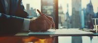 Business professional signing documents at desk with panoramic city skyline view through window, dramatic lighting creates corporate atmosphere at sunset.