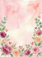 Watercolor floral frame with pink peonies, roses, eucalyptus leaves and heart shapes on soft blush background. Isolated design element suitable for wedding invitations, greeting cards, stationery and romantic projects.