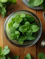 Fresh mint leaves in glass bowl on wooden table for cooking, tea preparation, aromatherapy and natural herbal remedies in kitchen setting.
