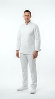 Male chef wearing white chef's coat and pants with white shoes, standing against neutral background. Suitable for culinary, hospitality, restaurant, and professional cooking content.